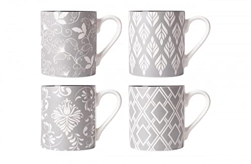YöL Set Of 4 Porcelain New Bone China Mugs Coffee Tea Cup 17oz Grey White Floral Geometric Large