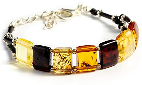Bracelet d'ambre pour adulte fait à la main en ambre carré, facilement réglable, taille du poignet jusqu'à 19 cm, Universalgröße, Pierre Nickel Plastique, Ambre