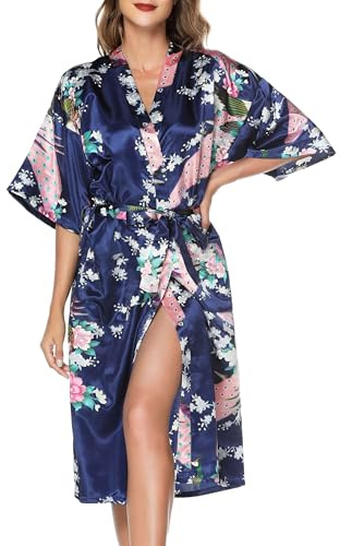 Lovasy Kimono Dressing Gowns Satin Kimono Robe Peacock and Blossoms Silk Dressing Gown for Women UK Long Silk Bride and Bridesmaid Robes,Dark Blue,XL
