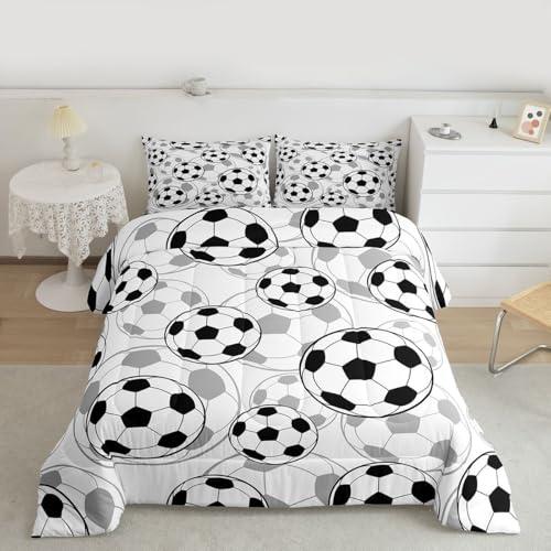 Feelyou Football Comforter Set Soccer Ball Sports Pattern Bedding Bed Set for Kids Boys Girls Sports Theme Comforter Inner Fill Ball Competition Games Quilt Set Bedroom Collection 3Pcs Full Size