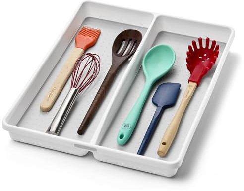 madesmart Premium Antimikrobielles klassisches großes Utensilien-Tablett, weicher Griff, rutschfester Küchenschublade-Organizer, 2 Fächer, Mehrzweck-Organisation, EPA-zertifiziert, Weiß