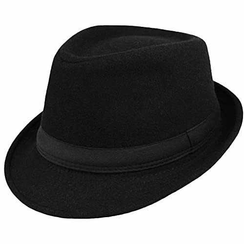 Klassischer Filzhut für Damen und Herren, kurze Krempe, Fedora-Hut, schwarz, Manhattan, Gangster, Jazz-Hut für Unisex, Schwarz mit breitem Band, 7.25
