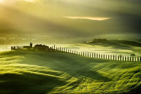 adrium Holz-Bild 110 x 70 cm: Sonnenaufgang bei San Quirico d Orcia(21571976)