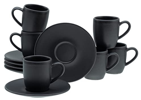 CreaTable, 33044, Serie Soft Touch Black, 12-teiliges Geschirrset für 6 Personen, Espresso Set aus Steinzeug, spülmaschinen- und mikrowellengeeignet, Made in Europe