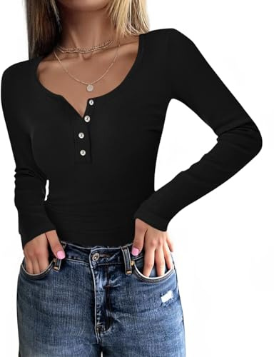 Fessceruna Camiseta de Manga Larga para Mujer Cuello Redondo Jersey Ajustado Camiseta de Manga Larga Básico Top Acanalado con Botones, Negro, S