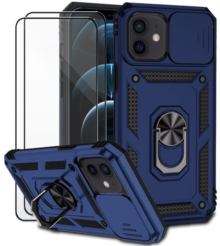 Dechyi für iPhone 12 mini Hülle mit Panzerglas Schutzfolie Schutzhülle mit Kameraschieber Case 360° Drehbarer Militä Ständer Stoßfest Cover-blau