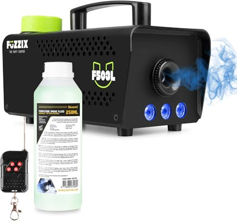Fuzzix F503L Party Smoke Machine with RGB Disco Lights, Wireless Remote Control & 250ml Green Fog Fluid – Compact 500W Fogger for Halloween, Home Events & Small Parties