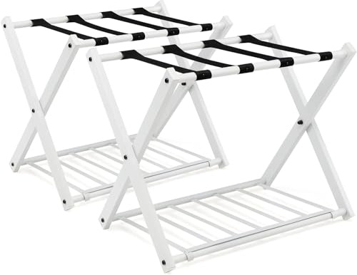 GOPLUS Kofferständer klappbar, Gepäckablage aus Metall bis 60kg belastbar, Kofferablage mit darunter liegendem Schuhregal, Kofferhocker für Hotel & Zuhause, 64x43x58 cm (Weiß-2 Stücke)