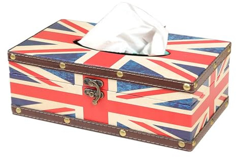 Rechteck Holz Taschentuchbox, Vintage Britische Flagge klassische Serviettenbox Gesichtstuchspender mit Leder Außenschicht und Metallschnalle für die Dekoration von Zuhause, Büro, Auto und Zimmer