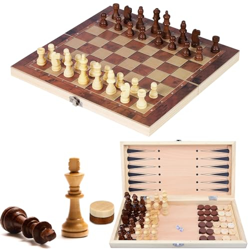 NINGESHOP Schachspiel Holz Hochwertig, 3 in 1 Schach, Tragbares und Faltbares Chess Board Set, Reiseschach Figuren, Schach Backgammon Holz, Schachfiguren Chess Set, Schach für Kinder und Erwachsene