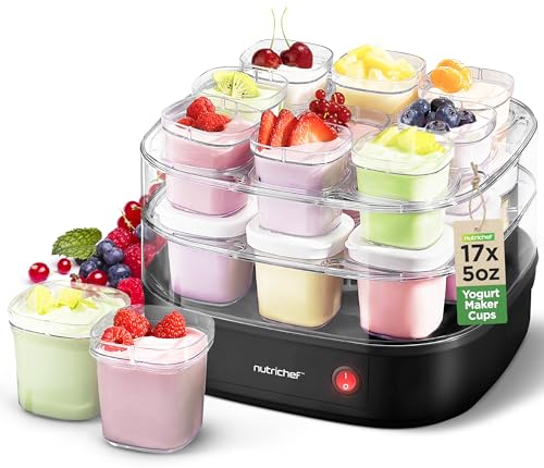 NutriChef NCKN128G17 Yaourtière Automatique – Comprend 17 gobelets réutilisables avec couvercles Rangement instantané, Noir