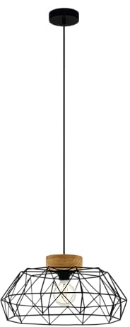Eglo Padstow Lámpara colgante de 1 foco, estilo vintage, industrial, retro. Lámpara colgante de acero y madera en negro, natural, para mesa de comedor, salón, E27, certificado FSC
