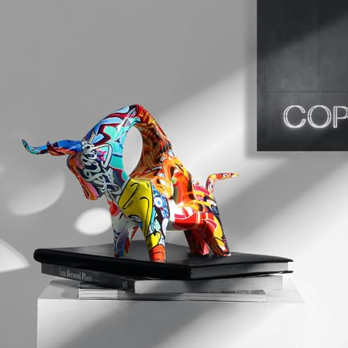 Holdes Bunte Stierfigur, Graffiti Stierstatue,Mehrfarbige Stier Form Harzstatue - Tierstatue, Schreibtischdekoration Für Wohnzimmer, Schlafzimmer, Bücherregal