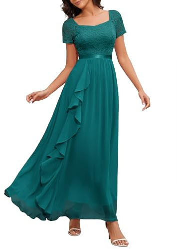 Wedtrend elegant aftonklänning lång för bröllop fyrkantig hals spetsklänning A-linje volangklänning med chiffong, Påfågel grön, XS