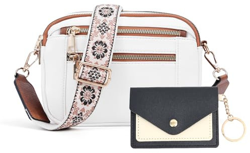 JinDouer Kleine Umhängetasche Damen Vegan Leder, Crossbody Bag vintage mit Vleien Fächer, Handtasche mit Abnehmbarem Modern Breitem Schultergurt, Münzbörsen für Damen Senden (Weiß)