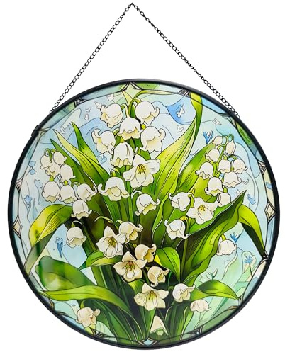 ZZHAOYI Lily of Valley Suncatcher Hanging, 7.9'' Stained Glass Window Hanging White Flower Sun Catchers, Floral Decor for Anniversary Love Gifts, Wedding Gifts, Housewarming Gift