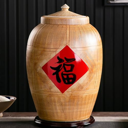 EKDJSN Ceramic Rice Bucket, Large Ceramic Rice Container, Dispenser, Food Storage Jar with Lid, Sealed Ceramic Rice Jar, Bucket Home Rice Storage Box, Ceramic Rice Cylinder(Natural A,50kg)