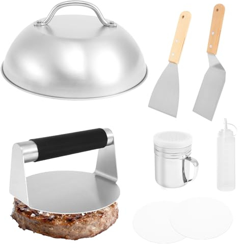 Smash Burger Set hamburgarpress-set, utrustad med 1 grytlock, 1 köttbullspress, 2 stekspade 1 såser klämflaska 100 vaxpapper, 1 kryddflaska, rostfritt stål, grillbestickset