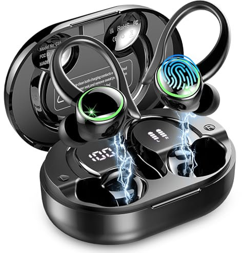 Wireless Earbuds, Bluetooth 5.4 Headphones, 50H+ Playtime Stereo Noise Canceling Headphones with 4 ENC Mic, Sport Ear buds with Earhooks, IPX7 Waterproof Wireless Earphones for Sport/Running/Gym