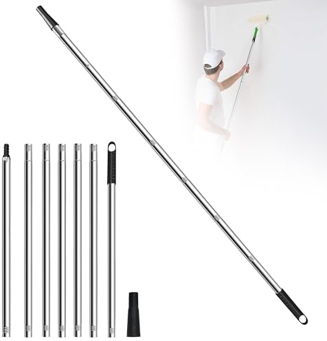 Paint Roller Extension Pole 2.4m: 6-Segment Stainless Steel Telescopic Pole (80–240cm) Extension Poles with Tapered Adapter for Painting and Cleaning Tools