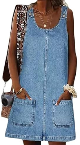 Sawmew Robe en jean pour femme, sans manches courte en jean robe salopette d'été couleur unie décontractée pour loisirs(XXL)