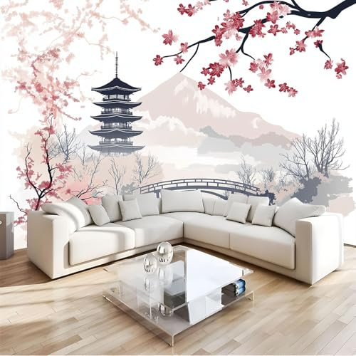 Papier Peint Panoramique Japon Paysage , Fleurs De Cerisier Montagnes Geant Mural Personnalisé 3D pour Salon Chambre Décoration Murale, 250x175cm (L×H) Poster Enfants Bureau Décoration de Maison
