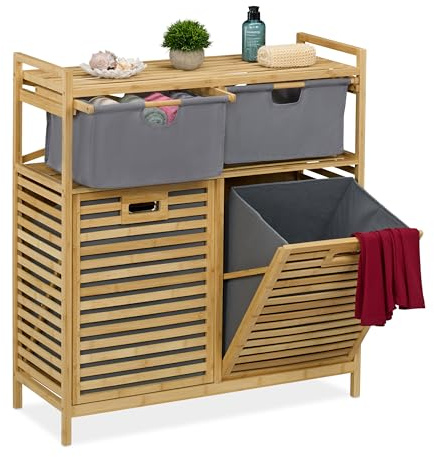 Relaxdays Estantería Baño con 2 Cestos Ropa Sucia, Basculante, 40 L, Balda y 2 Cajones, Bambú, 95x88x33 cm, Natural/Gris
