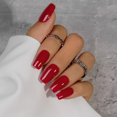 KQueenest Soft Gel Press on Nails Kurz Lang– Sheer Rot Nägel zum Aufkleben Lang Mittel, Einfarbig Eckig Fake Nails, Weinrote Sarg Künstliche Nägel Set für Frauen, 24 Stück