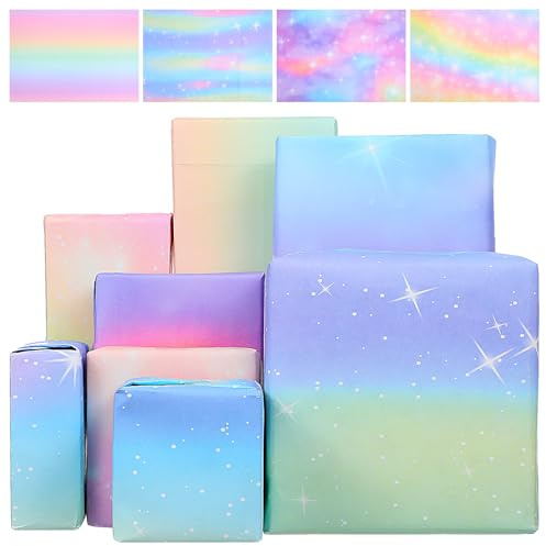 YBEATY Set di 6 pezzi di carta da regalo per ragazze, set di compleanno, fata, arcobaleno, gradiente, fantasia rosa, viola, pastello, rotolo di carta colorata per donne femminili, ragazze, lauree
