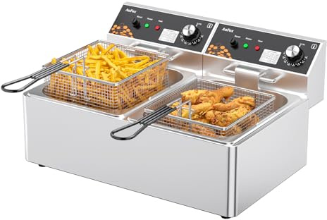 Commercial Deep Fryer 20L/21Qt Dual Tank Countertop Fryer 1.0mm Thickened Stainless Steel 3400W Electric Immersion Deep Fryers with Basket Adjustable Temperature for Restaurant