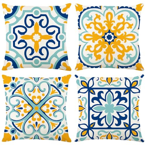 IcosaMro Outdoor Waterproof Cushion Covers for Garden Bench Set of 4 18x 18 Decorative Pillows Green Blue Yellow Geometry Boho Throw Pillow Covers Pillowcase