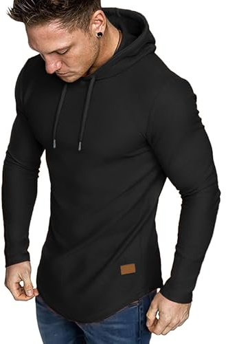 JMIERR Mens Muscle Hoodies Long Sleeve Athletic T Shirts, Black, XL | Soft Fleece Fabric, Muscle Longline T Shirt, Lightweight, Gym Workout Athletic, Fashion, Fall, Machine Washable