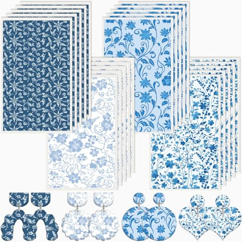 CRASPIRE 20 Foglio 4 Stili di Carta da Trasferimento in Argilla Blu Bianco Fiore Vintage retrò Porcellana Floreale Polimero Ceramica Vetro Decalcomanie Solubili in Acqua per Ceramica Fai da Te