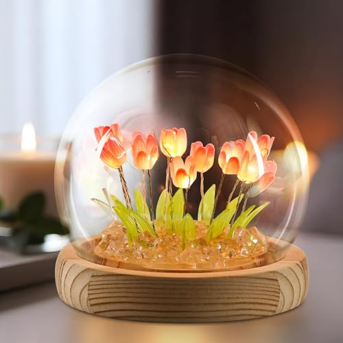 Tulip Night Light - Birthday Gifts for Women, Sister, Mom - Warm White LED Flower Lamp in Glass Dome with Wooden Base - USB/Battery Powered Cute Home Decor for Mothers Day (Pink B-01)