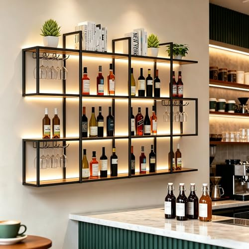 YDEHUEAD Portabottiglie da Parete Moderno a 4 Livelli con Luce LED, Espositore in Metallo con Mensole e Portabicchieri, porta vino per Arredamento Casa e Bar (120cm)