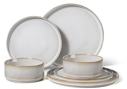 HaWare Dinner Set, 6 PCS Stoneware Plates and Bowls Set, Creamy Beige