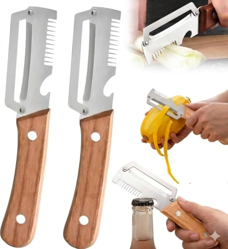 2 Pcs 2026 Upgrade Multifunctional Vegetable Peeler for Kitchen, 3-in-1 Peeler & Bottle Opener & Julienne Peeler, Non-Slip Wooden Handle,Good Sturdy,for Vegetables or Fruits that Need to Be Peeled