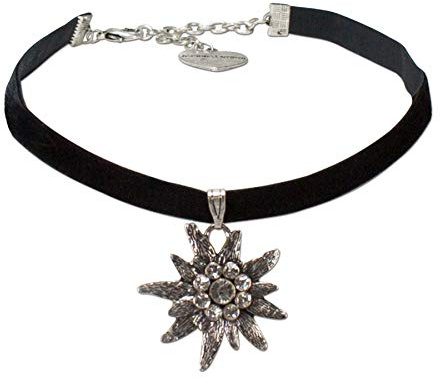 Alpenflüstern Trachten-Samt-Kropfband Strass-Edelweiß groß - Trachtenkette enganliegend, Kropfkette elastisch, Damen-Trachtenschmuck, Samtkropfband schmal schwarz DHK069