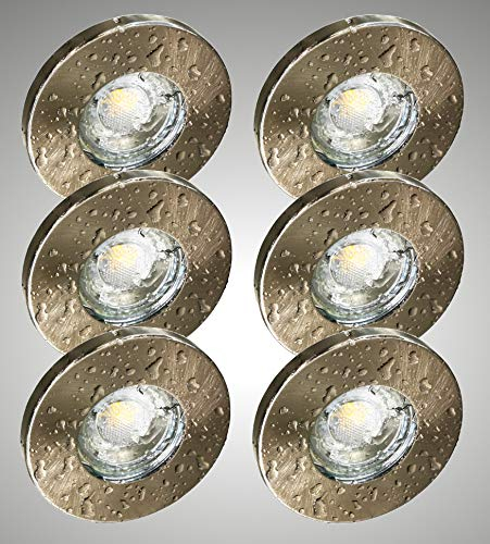 Trango 6er Set IP44 Bad Einbaustrahler aus Edelstahl gebürstet 6729IP-062GCOBSDAK inkl. 6x 3 Stufen dimmbar LED Leuchtmittel, Dusche Einbauleuchten, Außen I Feuchtraum Deckenstrahler, Deckenspots