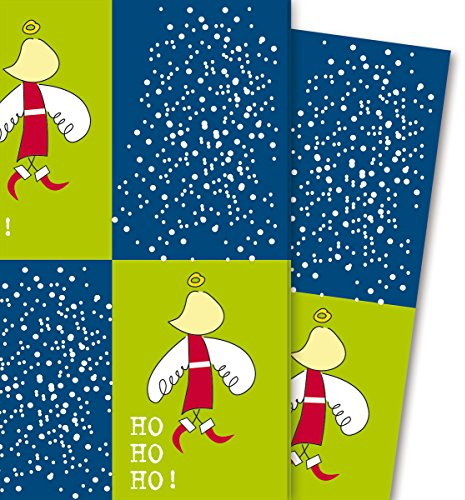 Grafisches Weihnachtspapier/Geschenkpapier mit Weihnachtsmann/Nikolaus Enge, blau grün (4 Bögen, 32 x 48 cm) Dekorpapier, Papier zum Einpacken, für tolle Geschenk Verpackung und Überraschungen