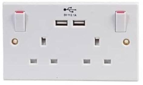 STATUS Plug Socket UK | Double Socket with Double USB Plug | White Plastic | 13A Double Switched Wall Socket | S2G13A2USBSWS4