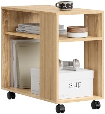 SoBuy Beistelltisch mit Rollen, 2-stufiger Rollender Beistelltisch mit Ablagefächern, Mobiles Bücherregal für Wohnzimmer, Schlafzimmer, Büro, L70 x B35 x H60cm Natur FBT34-N