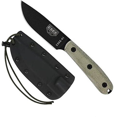 ESEE, utomhuskniv, modell 4 traditionellt handtag, blad: 11,4 cm, drop point, micarta, grön, jaktkniv, full tang, inklusive Kydex sheaht