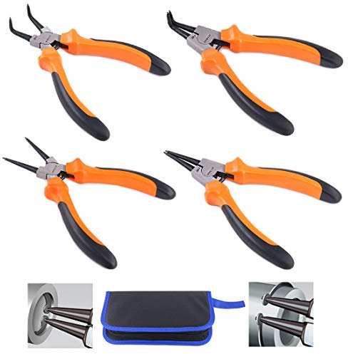 Glarks 4pcs 7-Inch Snap Ring Pliers Set Heavy Duty Internal/External Circlip Pliers Kit with Straight/Bent Jaw for Ring Remover Retaining, with Leather Bag