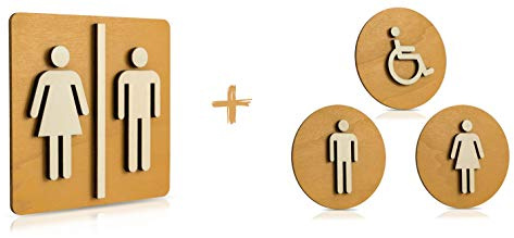 WC Schild Holz Toilettenschild Toilette Türschild Damen Herren Behinderten Piktogramm Farbe Nussbaum hell (Ø 12cm, Set 1)