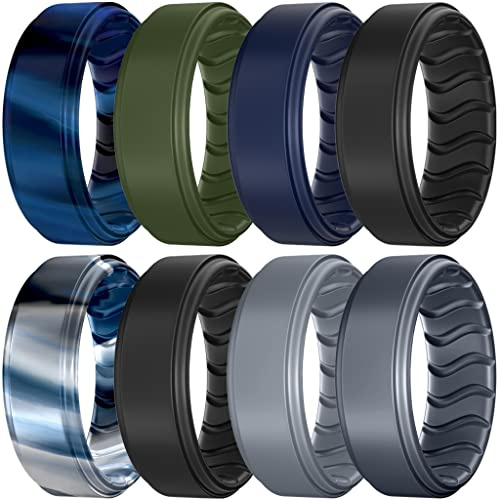 Dookeh Breathable Mens Silicone Wedding Rings, Rubber Ring Bands For Men, Black Blue Camo Engagement Band, Best for Workout, 1-4-7 Pack (Z-Darkcamo,Green,Nabyblue,Black,Bluecamo,Black,Gray,Dgray, 10)