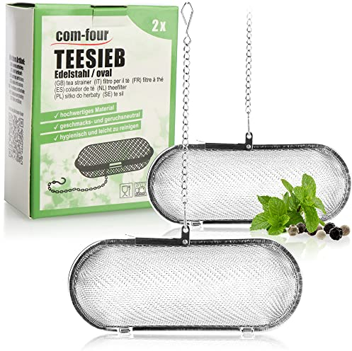 COM-FOUR® 2x colino da tè in acciaio inossidabile 304, lavabile in lavastoviglie - Uovo da tè da 11 cm per tè sfuso, spezie ed erbe aromatiche - Filtro da tè a maglia fine con catena - colino per erbe