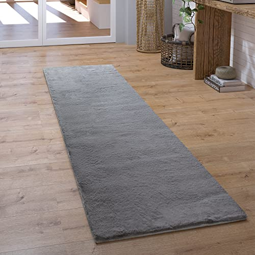 Paco Home Teppich Läufer Hochflor Wohnzimmer Flur Flauschig Schlafzimmer Fell Kunstfell Modern Fellimitat Einfarbig, Grösse:80x300 cm, Farbe:Anthrazit