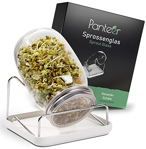 Panteer ® Sprouting Jar Germination Glass 940 ml with Premium Stainless Steel Lid and Strainer (Type 316) - with Ceramic Bowl and Metal Holder - Germination Glass for Sprout Growing (1)