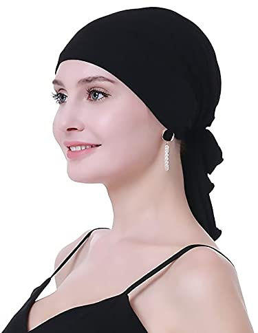 Turbanti per Donna, Elastico Cotone Fascia Capelli, Bandana Plissettata, Berretto Beanie, Cappellini Morbido, Chemioterapia, Copertura Avvolgere (Nero)